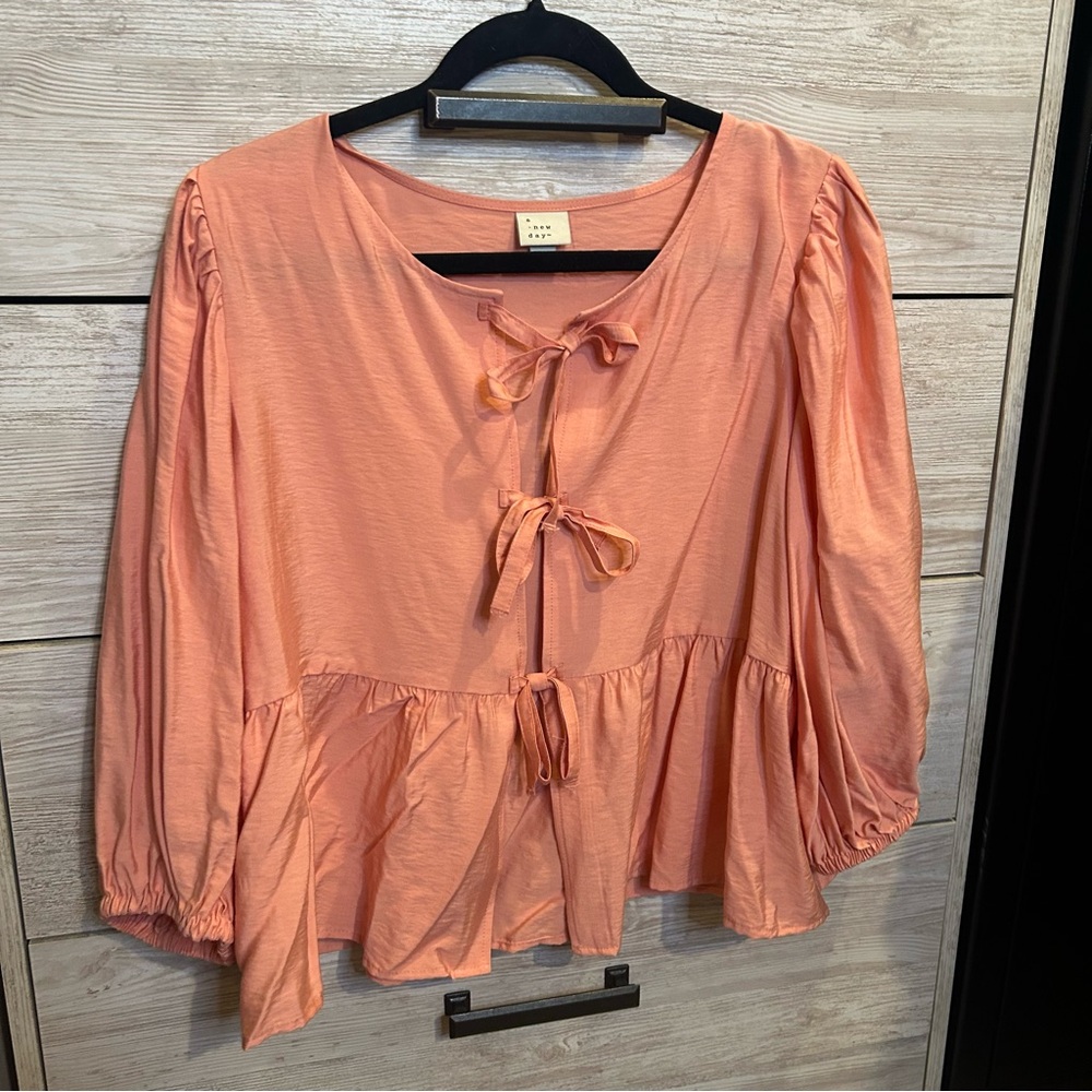a new day Pink Elbow Sleeve Peplum Tie-Front Blouse Large - Picture 3 of 5